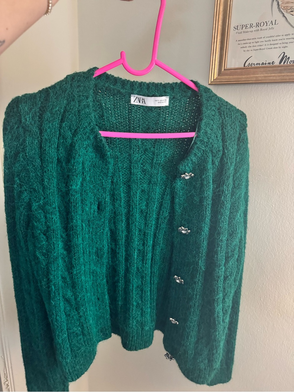 Zara Deep Green Cable Knit Button-Up Cardigan